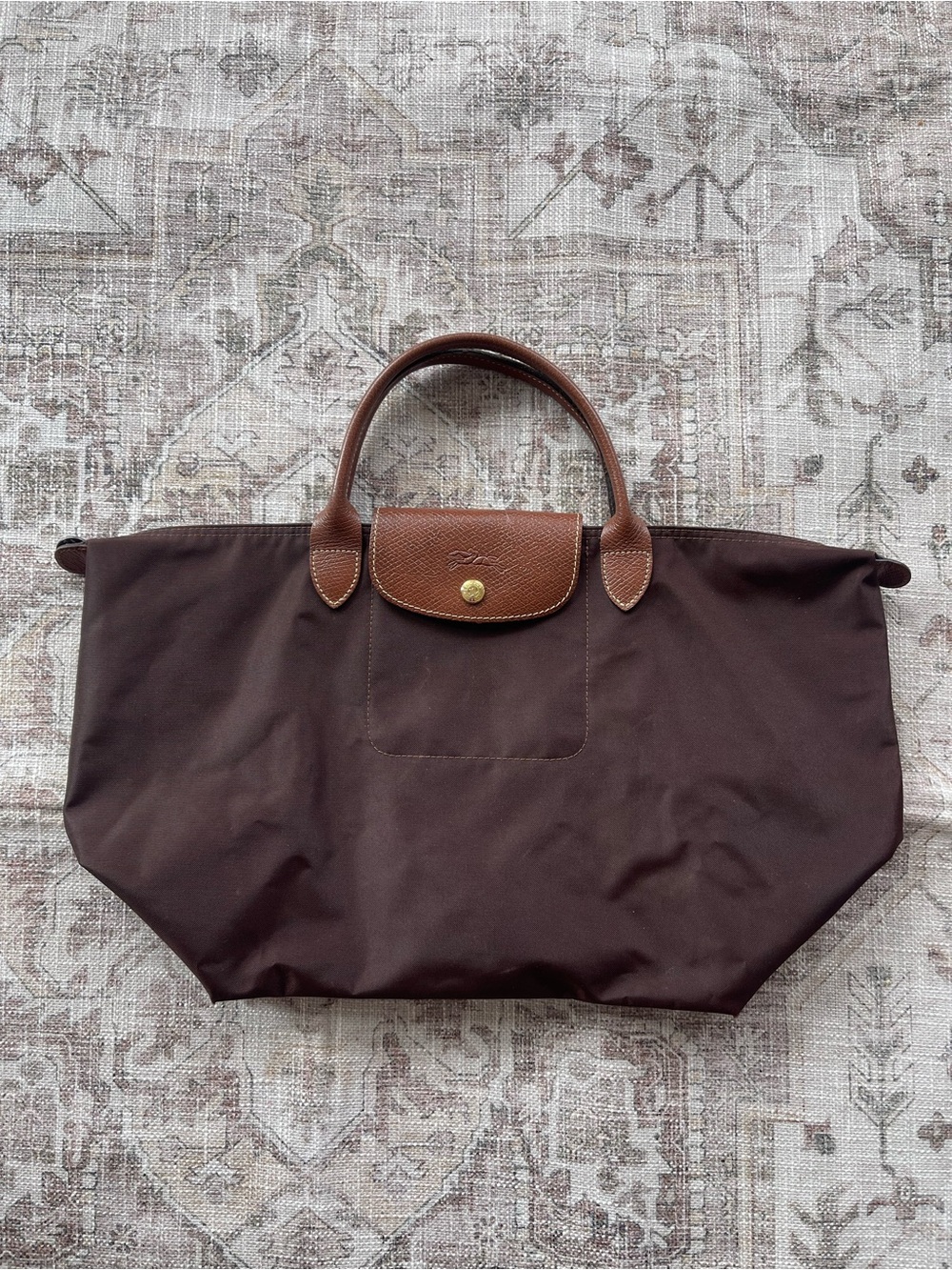 Longchamp Type M Brown Nylon Tote with Tan Leather Trim